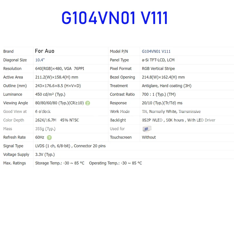 G104VN01 V111 10.4 Inch LCD Display Screen Panel Original for Auo Brand New and Fast Shipping 100% Tested