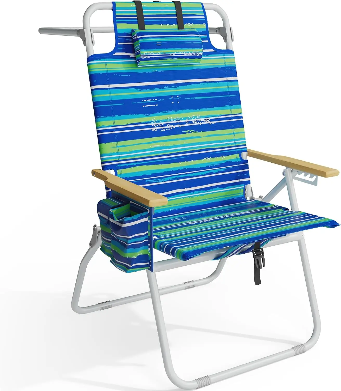 Adult Tall Beach Chairs 17 High Backpack Beach Chair Wooden Armrests 5 Positions Reclining Heavy Duty Chair Large Cooler Pouch S
