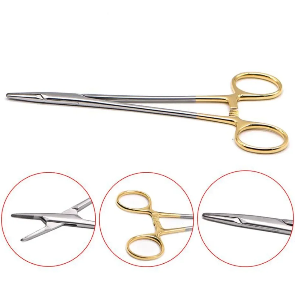 

1 Piece Dental Stainless Steel Gold Handle Needle Holder Inlaid with TC Needle Holder Clip 14cm 16cm