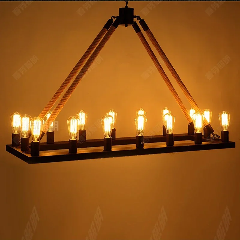 Loft Style Nordic Retro vintage Hemp rope square black / iron rust color Chandeliers E27 AC 110V 220V 16 lights Industrial lamp