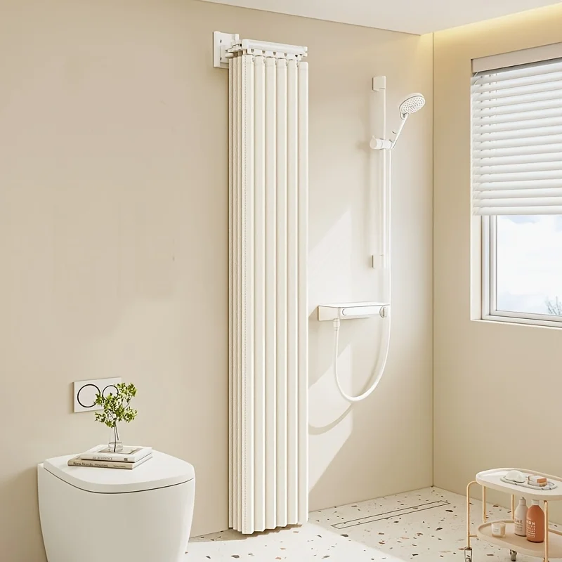 1pc High Quality Foldable Shower Curtain with Hooks and Ties - L/U Shape Design, Stripe Pattern, Durable Fabric, Suitable