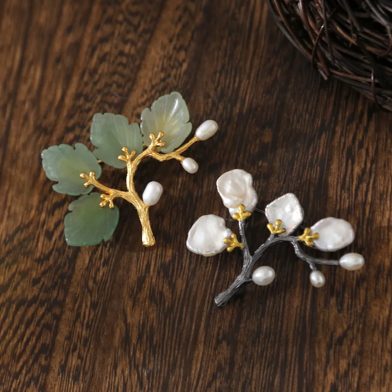 

Luxury Tree Branch Brooch with Baroque Pearl and Jade ,Elegant Unique Brooch Pin for Women's High-end Clothing Accessories