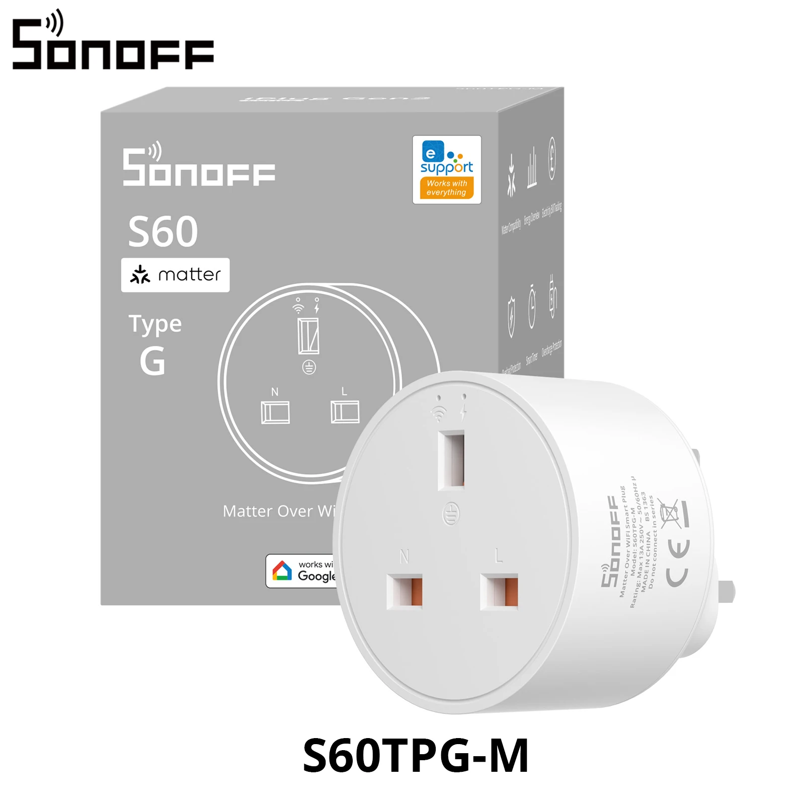 SONOFF S60TPG-M S60 Type G Matter Over WiFi Slimme Energiemeter Stekker Real-Time Energiemonitor Overbelastingsbescherming Timer Schema