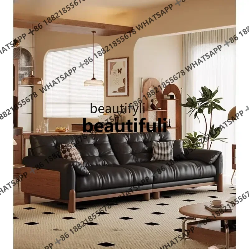X A Retro leather sofa straight row living room small apartment French black first layer cowhide American