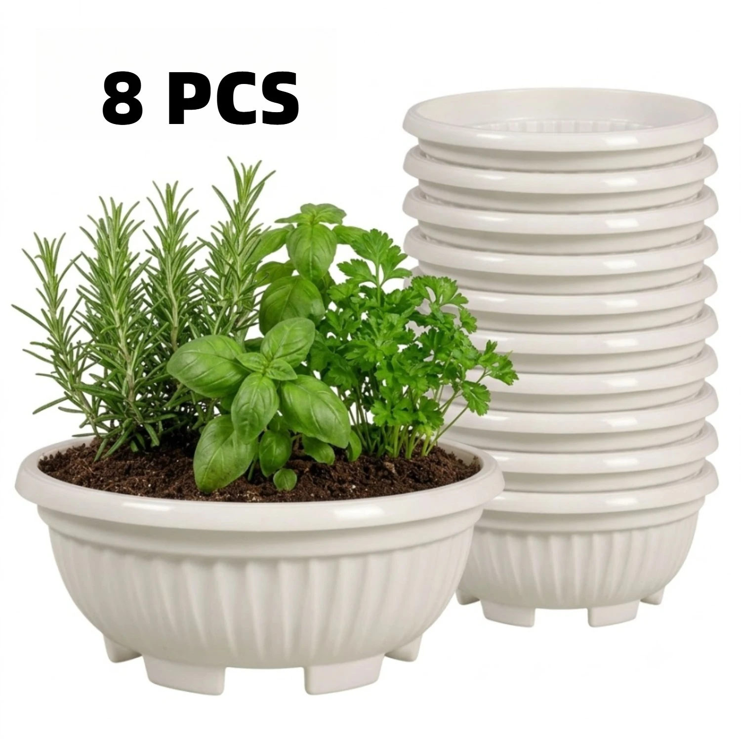8pcs Large Round Resin Flower Pots Suitable for /Outdoor, UV-Resistant Retro Bowl-Shaped Planters with Drainage Holes & Root Ro
