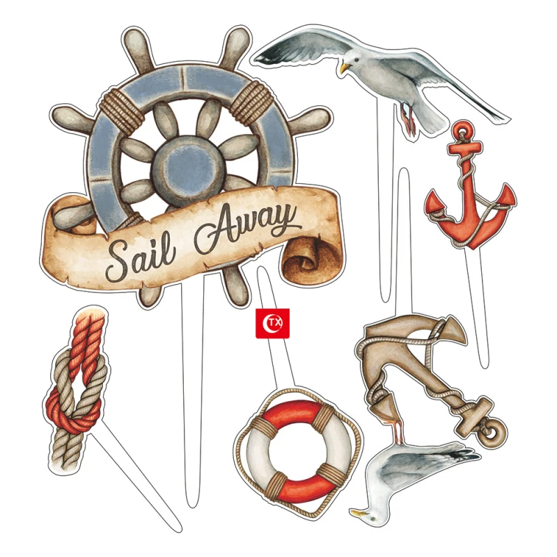 1 set Sail Away Birthday Cake Topper Anchor Rudder Birds Acrylic Cake Flags Navigation For Summer Kids Party Cake Decor