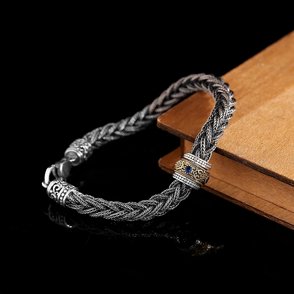 Thai Silver Movable Blue Zircons Bead Bracelets for Men Braided Twists Square Bracelet 925 Sterling Silver Twisted Bangles Guys