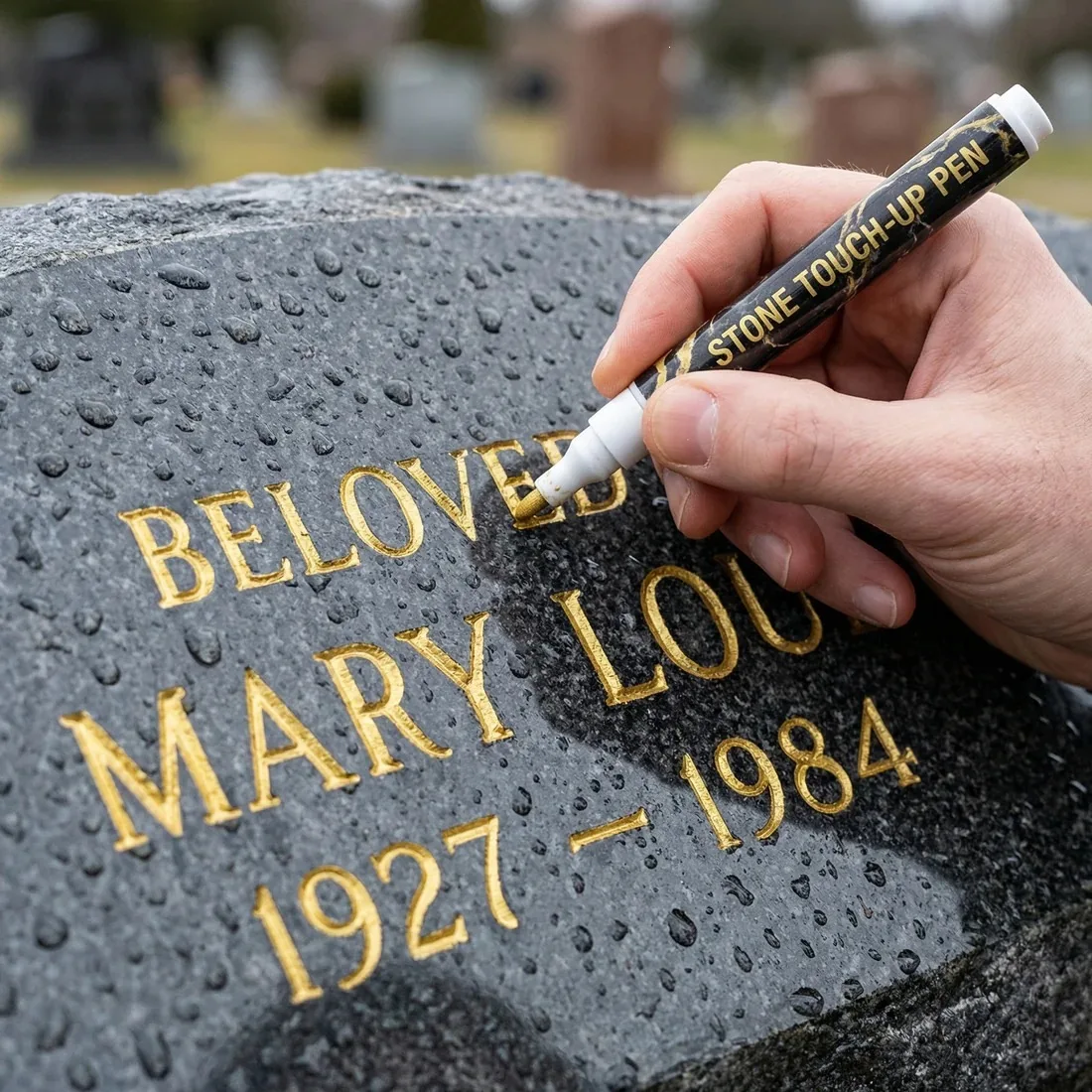 Gold Tombstone Pen Compatible with Traditional and Contemporary Memorial Designs Including Flat Markers and Upright Stones