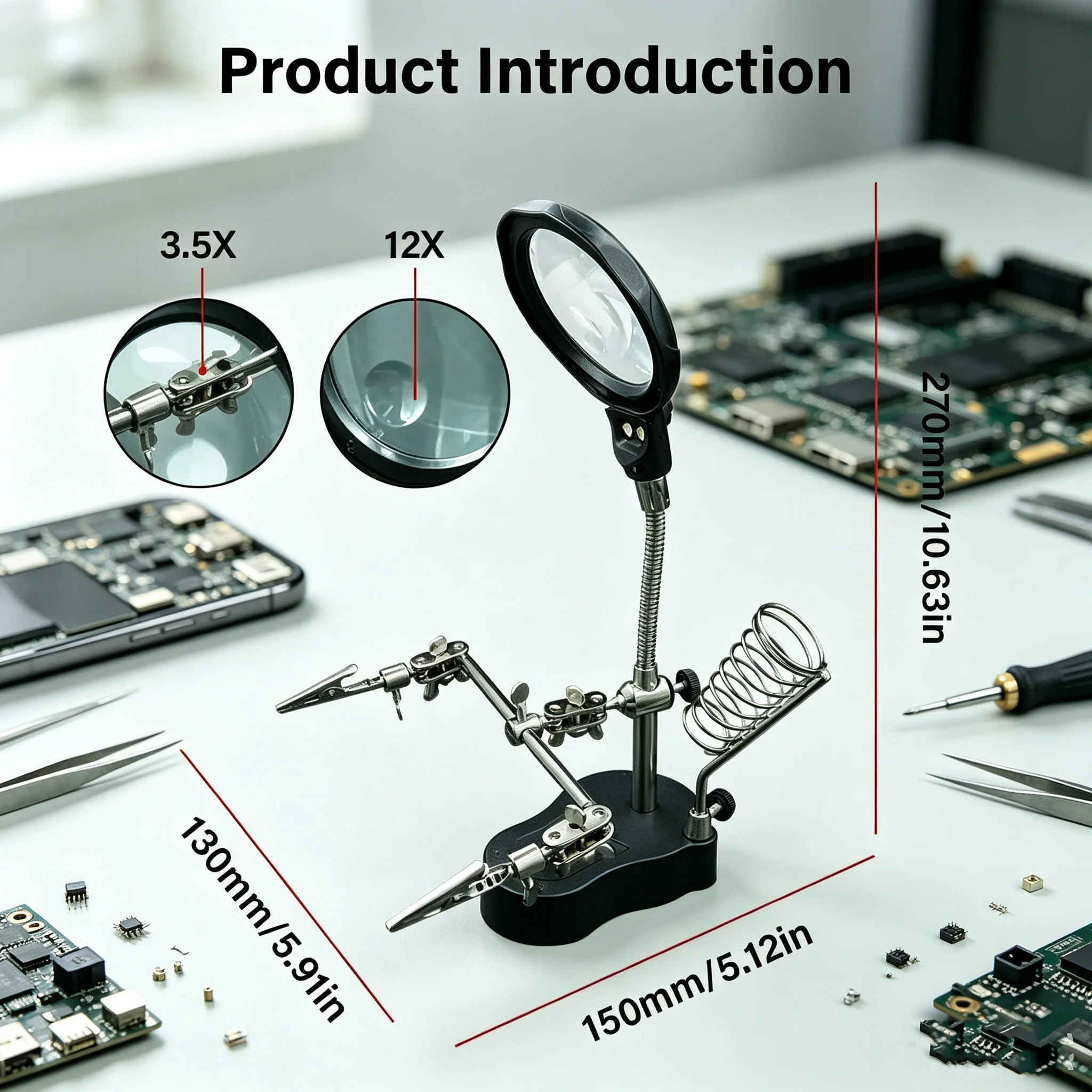 3.5X 12X Helping Hands Third Hand Soldering Iron Welding Stand Station with 2 LED Clip Welding Magnifier Magnifying Glass