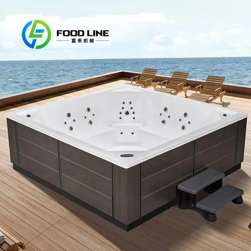Swim Spa Whirlpool Bathtub Square Corner 5 Person Outdoor Patio White Acrylic Hot Tub Blue LED Massage Jets Factory Price LED