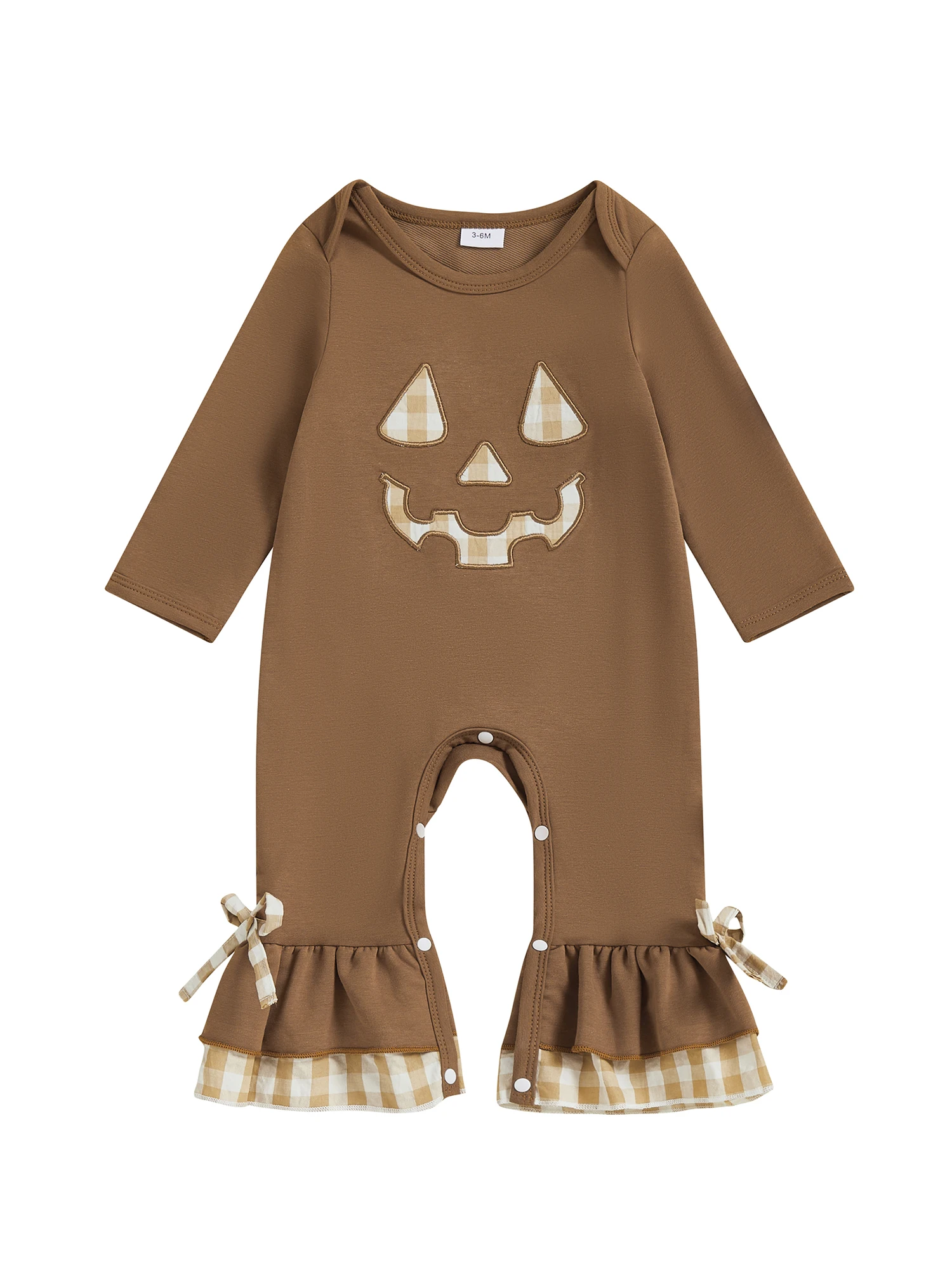 Adorable Toddler Halloween Costume Long Sleeve Round Neck Plaid Pumpkin Pattern  Baby Girl Pajamas Set Infant Jumpsuit
