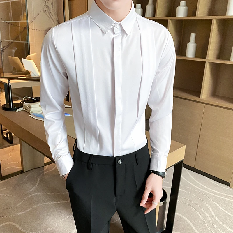 British Style Fashion Fold Design Tuxedo Shirts Men Long Sleeve Slim Fit Casual Shirt Social Party Tops Plus Size 4XL 5XL