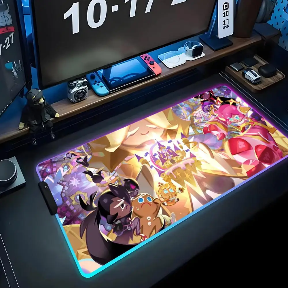 

Cookie Run Kingdom Mouse Pad RGB Gaming Mousepad Big LED Pad PC Desk Mat Luminous Mouse Pad Large Keyboard Mats Table Rug With
