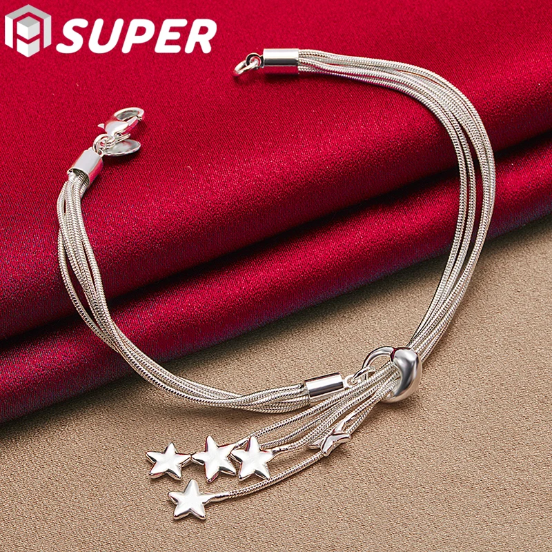 

925 Sterling Silver Five Snake Chain Starfish Pendant Bracelet for Woman Fashion Glamour Wedding Engagement Jewelry