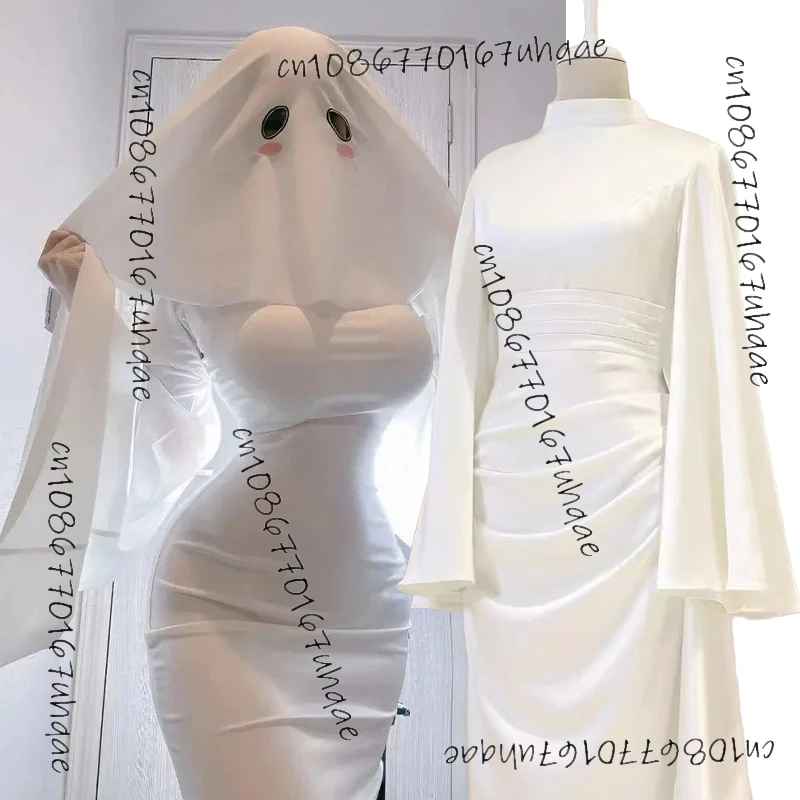 Sexy bonito feminino fantasma cosplay traje 2024halloween feminino fantasma cos roupas adulto vestido branco susher rosto capa roupas