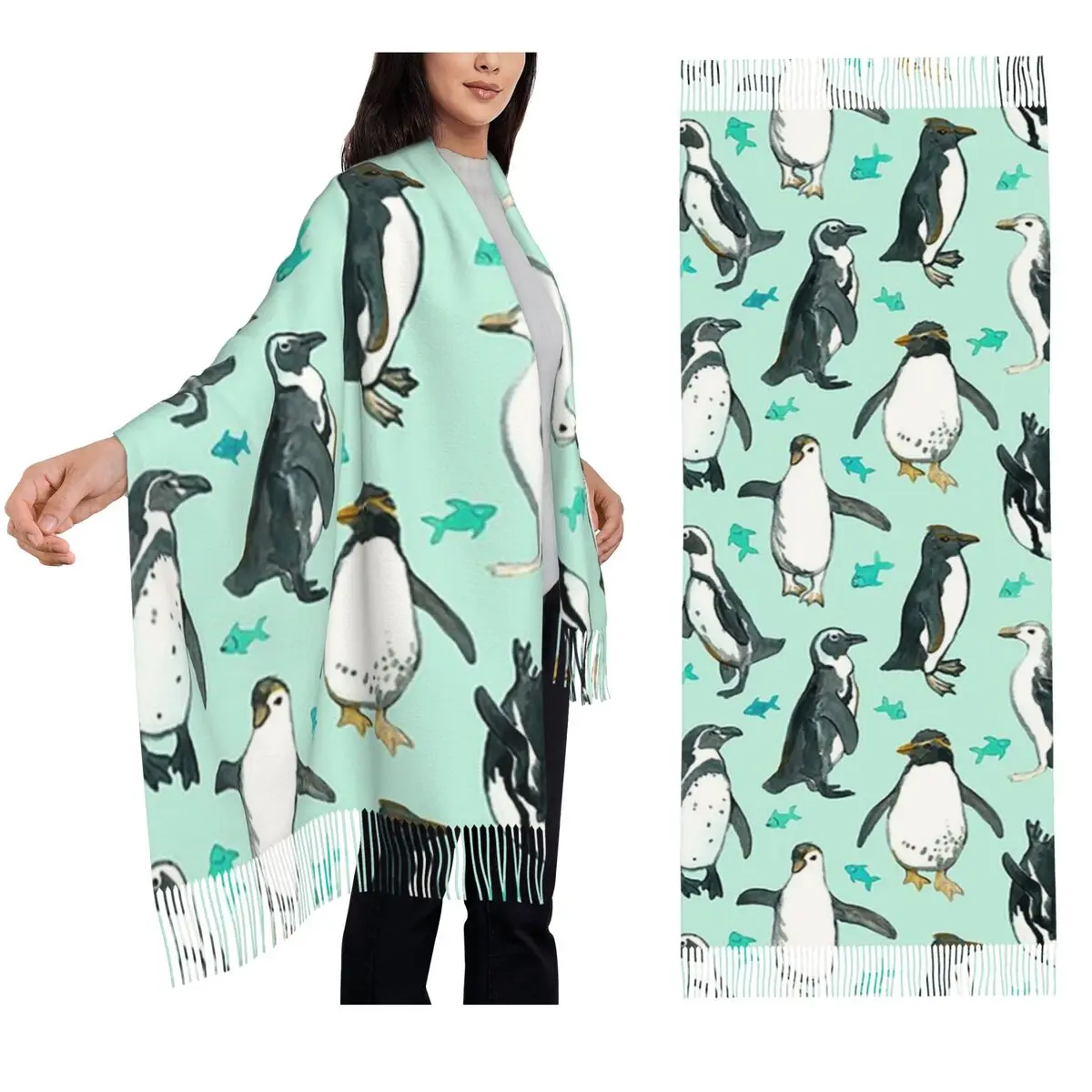 

Lots Of Little Penguins On Mint Scarf Tassel Scarves for Women Soft Warm Shawls and Wraps Long Fall Winter Shawl Wrap
