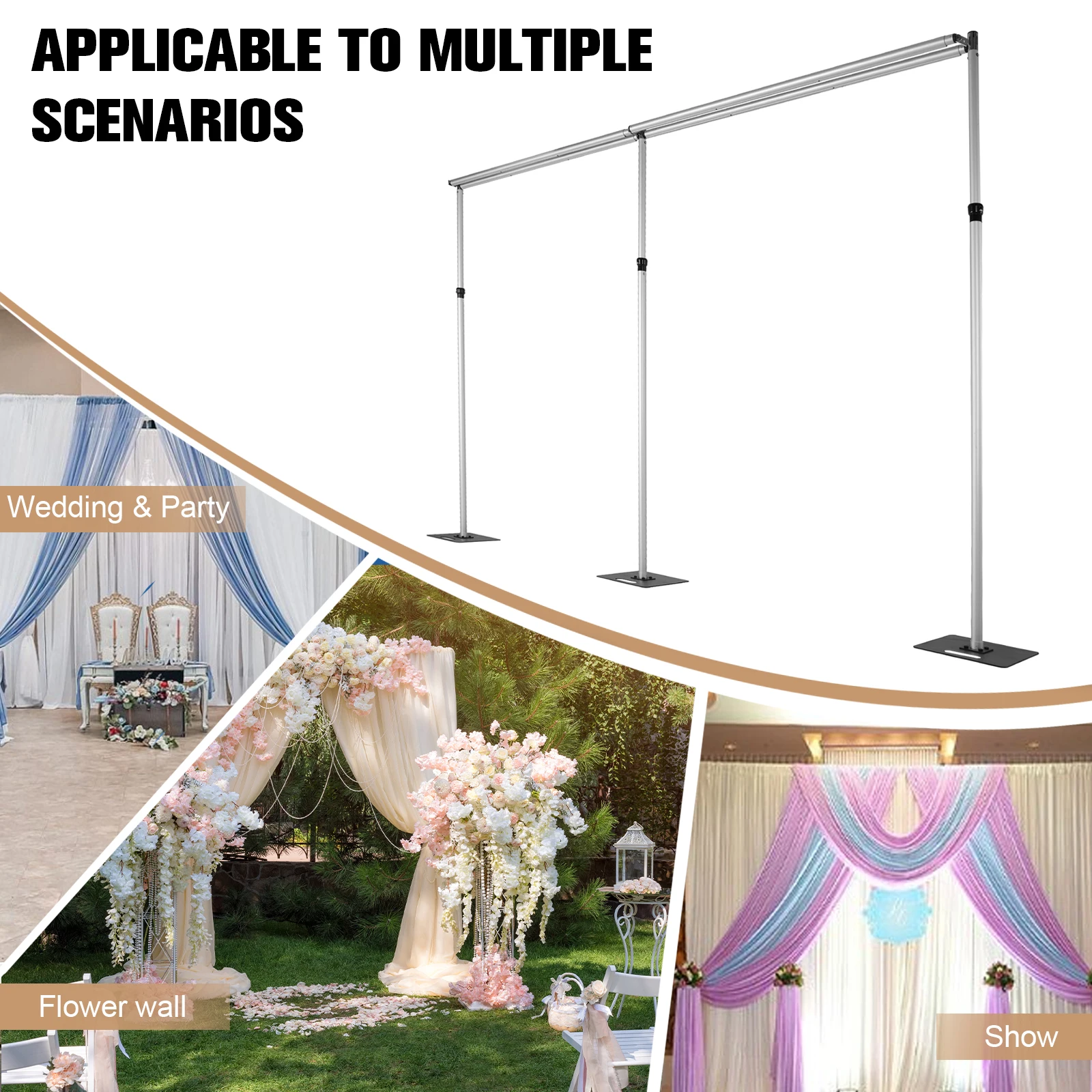 

Комплект для драпировки 118x236 дюймов с двойной перекладиной и металлическим основанием, регулируемый по высоте, для вечеринок, дней рождения, свадеб