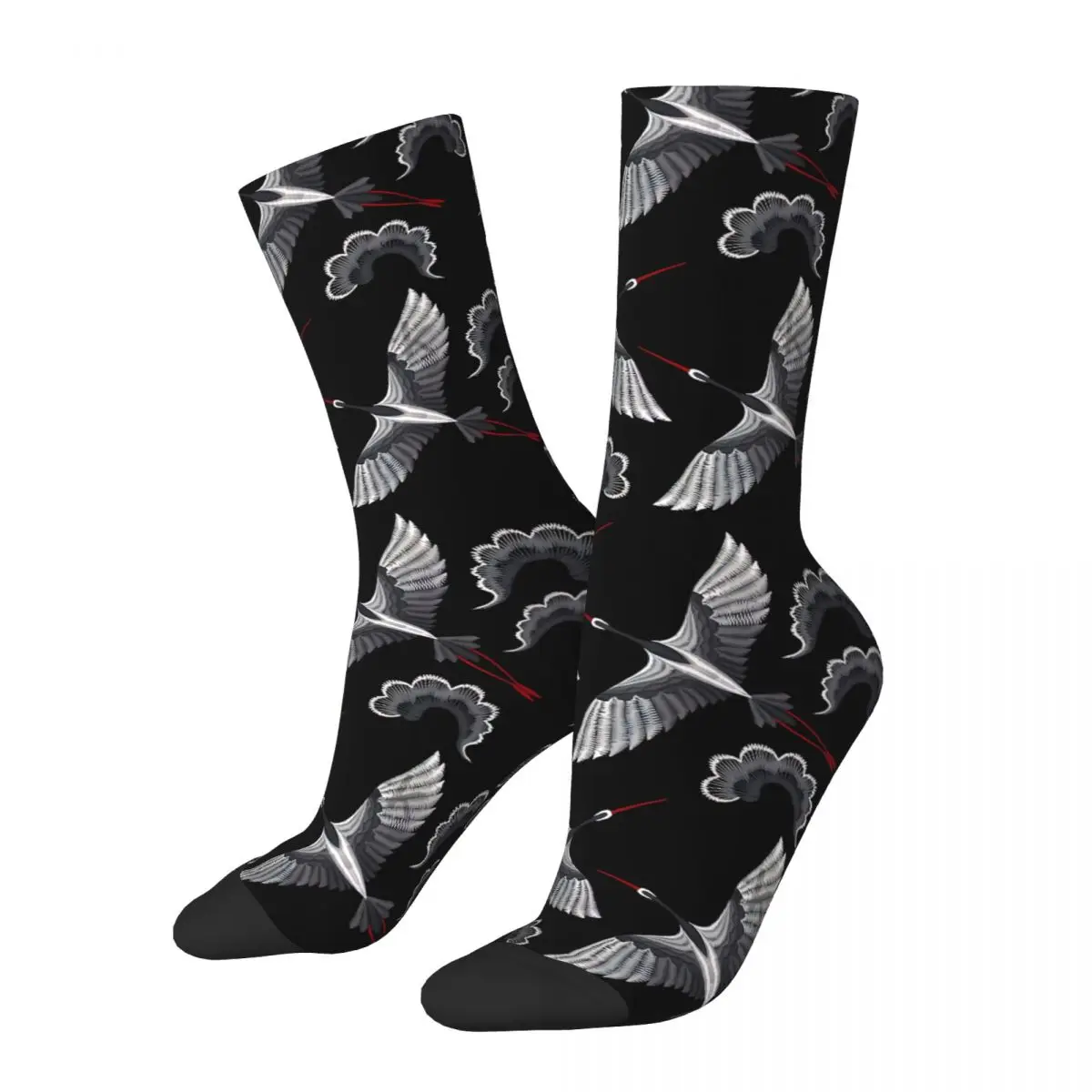 

Happy Men's Socks Embroidery With Asian Crane Vintage Japanese Style Hip Hop Casual Crew Sock Gift Pattern Printed