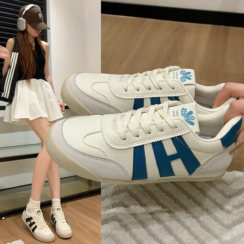 

Pop Women's Vulcanize Shoes Design Korean Round Toe Lace Up Genuine Sports Casual Women's Sneaker Shoes For Holiday Working