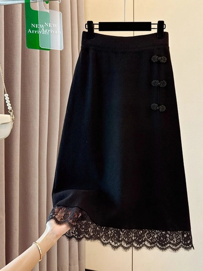 

Knitted Lace Midi Skirt For Women In Autumn And Winter 2025, New High Waisted Sweater One-Step Skirt Elegant Slim Saias W1326