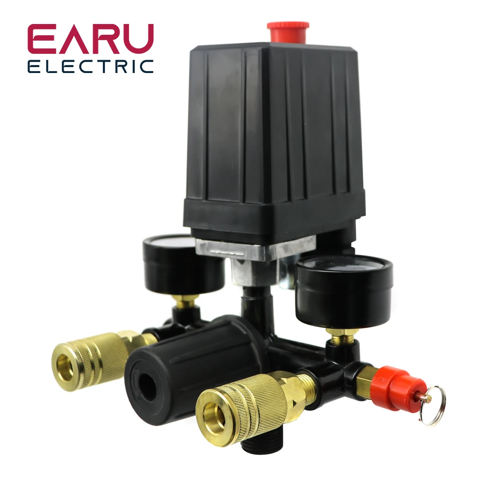 كفاءة 220 فولت/380 فولت 4 ميناء منظم واجب مضخة ضاغط الهواء التحكم في الضغط التبديل صمام التحكم في مضخة الهواء 0-180PSI مع مقياس #3