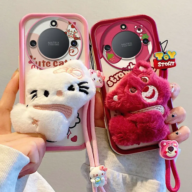 3D Plush Doll Hello Kitty Kuromi Bear Fur Phone Case for Honor 90 Smart Magic 5 Lite Play 8T Cartoon With Toy Strap Soft Cover