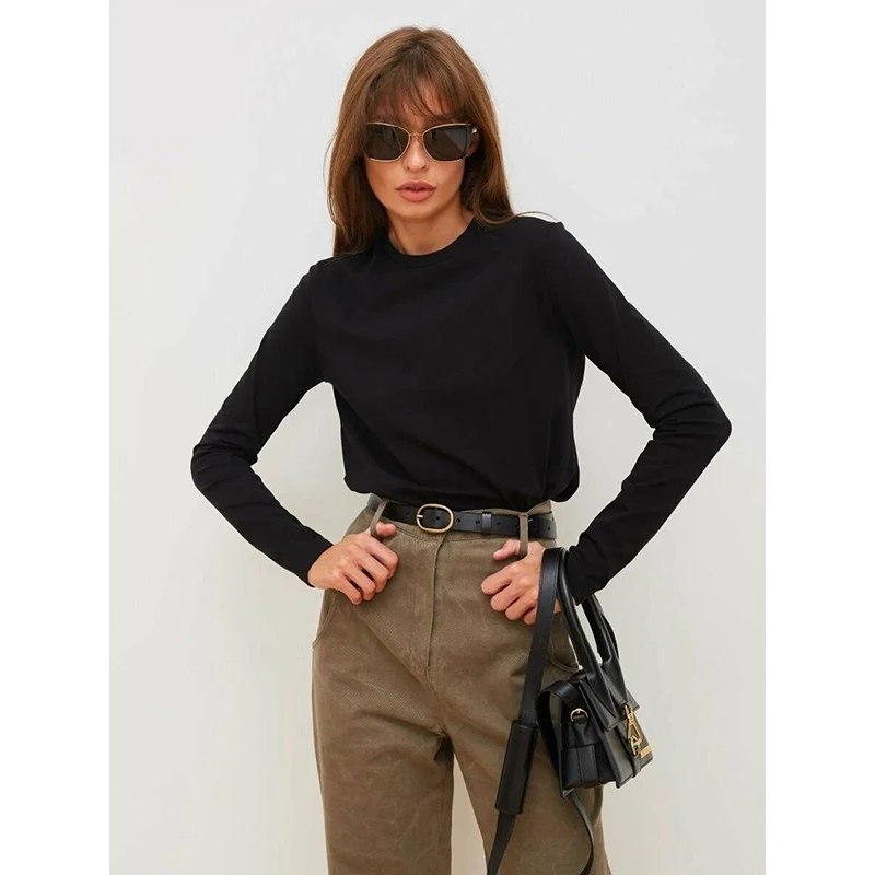 

Women 100% Cotton Comfortable T-Shirts Girls Underwear Long Sleeve Clothes Lady Classic Fashion Loose Fit Solid Tops