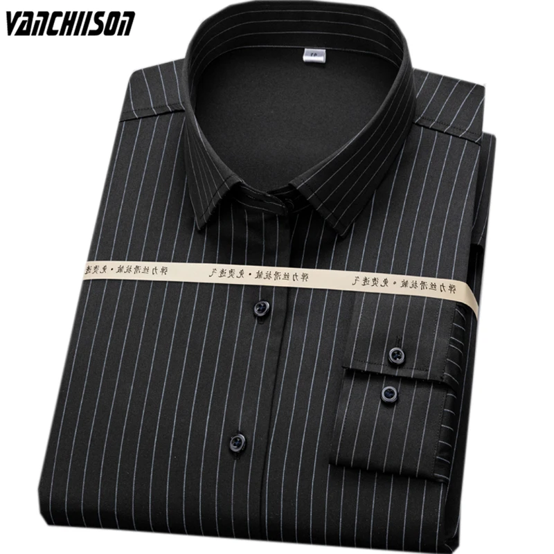 

Men Dress Shirt Bamboo Fiber Elastic Fabric for Summer Spring Long Sleeve Stripes Black Formal Style Male Fashion 00576