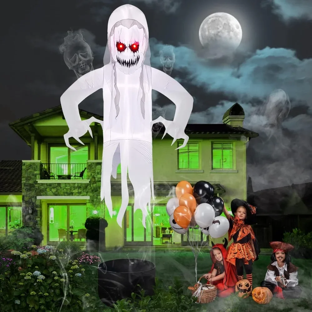 

Large 12 FT Halloween Inflatable Decoration Levitating White Ghost, Blow Up Animated Red Eyes Ghost with Build-in LEDs,