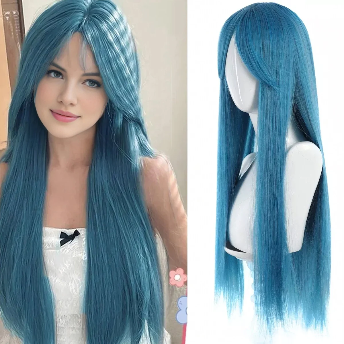 

Blue Long Straight Wigs for Women, Natural Looking Soft Middle Part Hair Wig for Party Daily Use