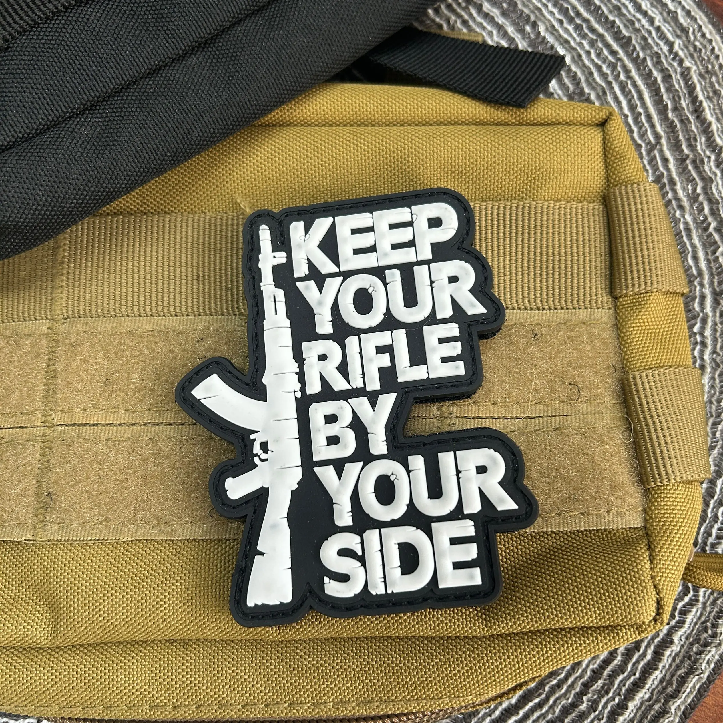 

KEEP YOU RIFLE BY Morale Badge Military PVC Patch Tactical Hook and Loop Backpack Letter helmet Stickers AK Gun Logo