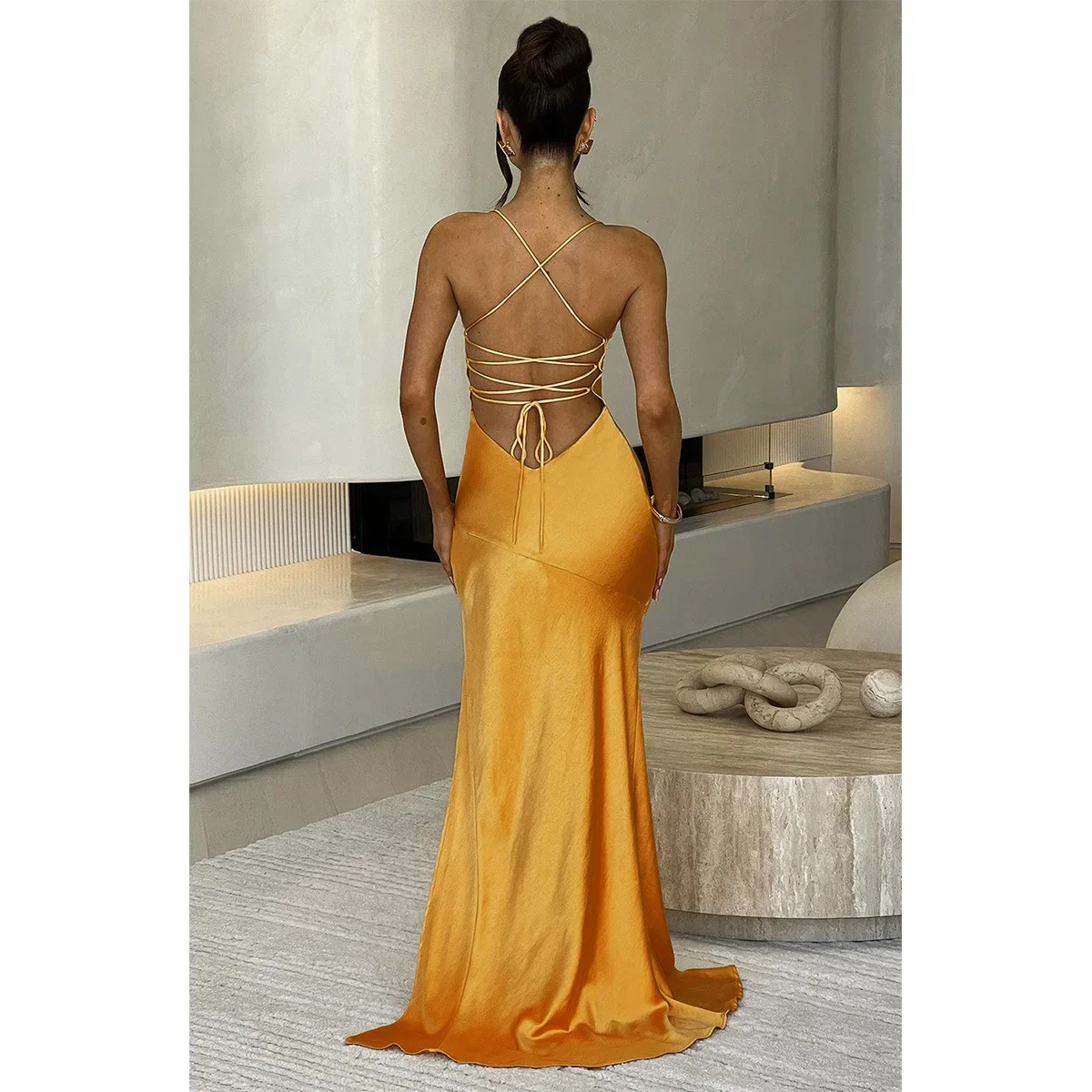 Sexy V-neck Halter Cut Out Women\'s Evening Dress Slim Back European Dress Double Satin dresses