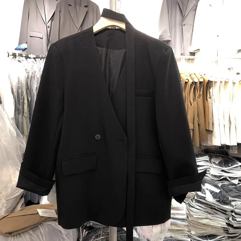Koreańska czarna marynarka damska z długim rękawem, wiosenno-jesienna, wiązana, modna, luźna, codzienna, do pracy, elegancka odzież wierzchnia premium.