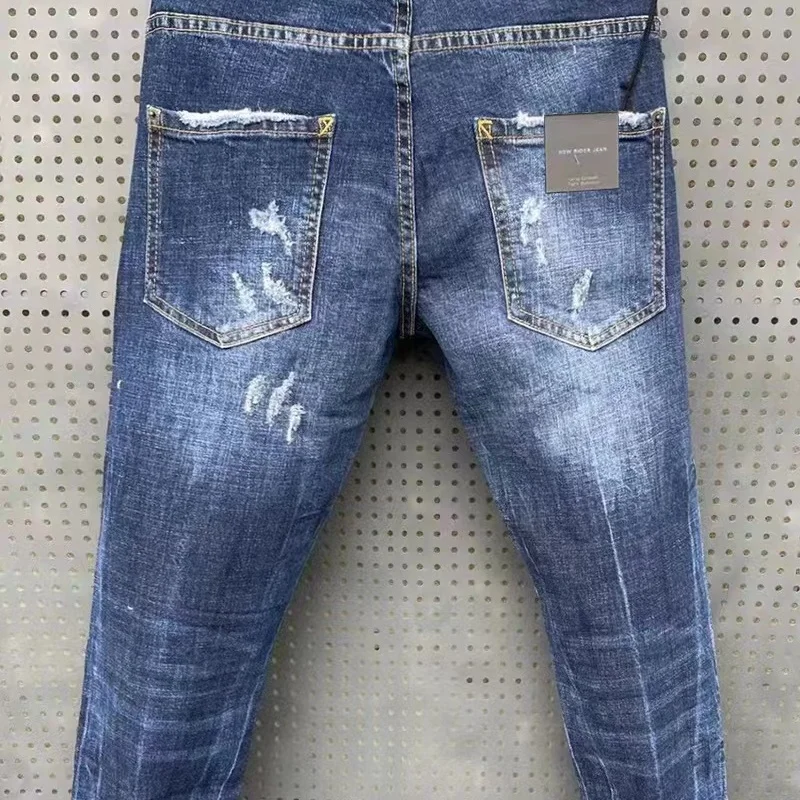 High Elastic Worn Jeans Men's High Street Vintage Feet Tight Luxury Pants Slim Fit Shaved White Made Old Versatile Four Seasons2