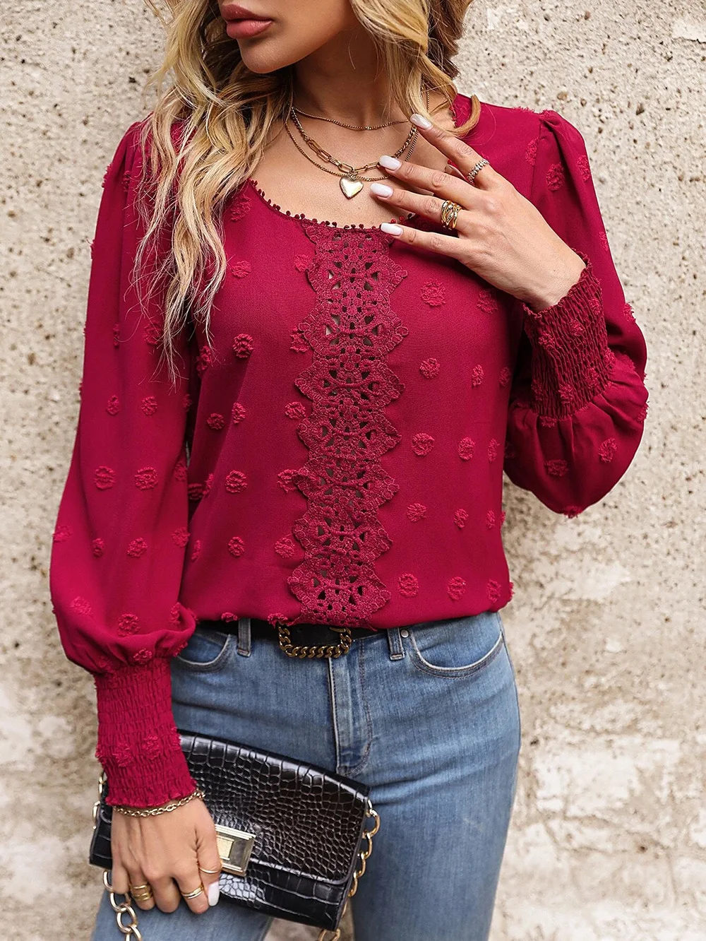 Spring Autumn Fashion New Solid Round Neck Shirt Women Loose Casual Puff Sleeve Hollow Lace Top Office Lady Elegant Full T-Shirt