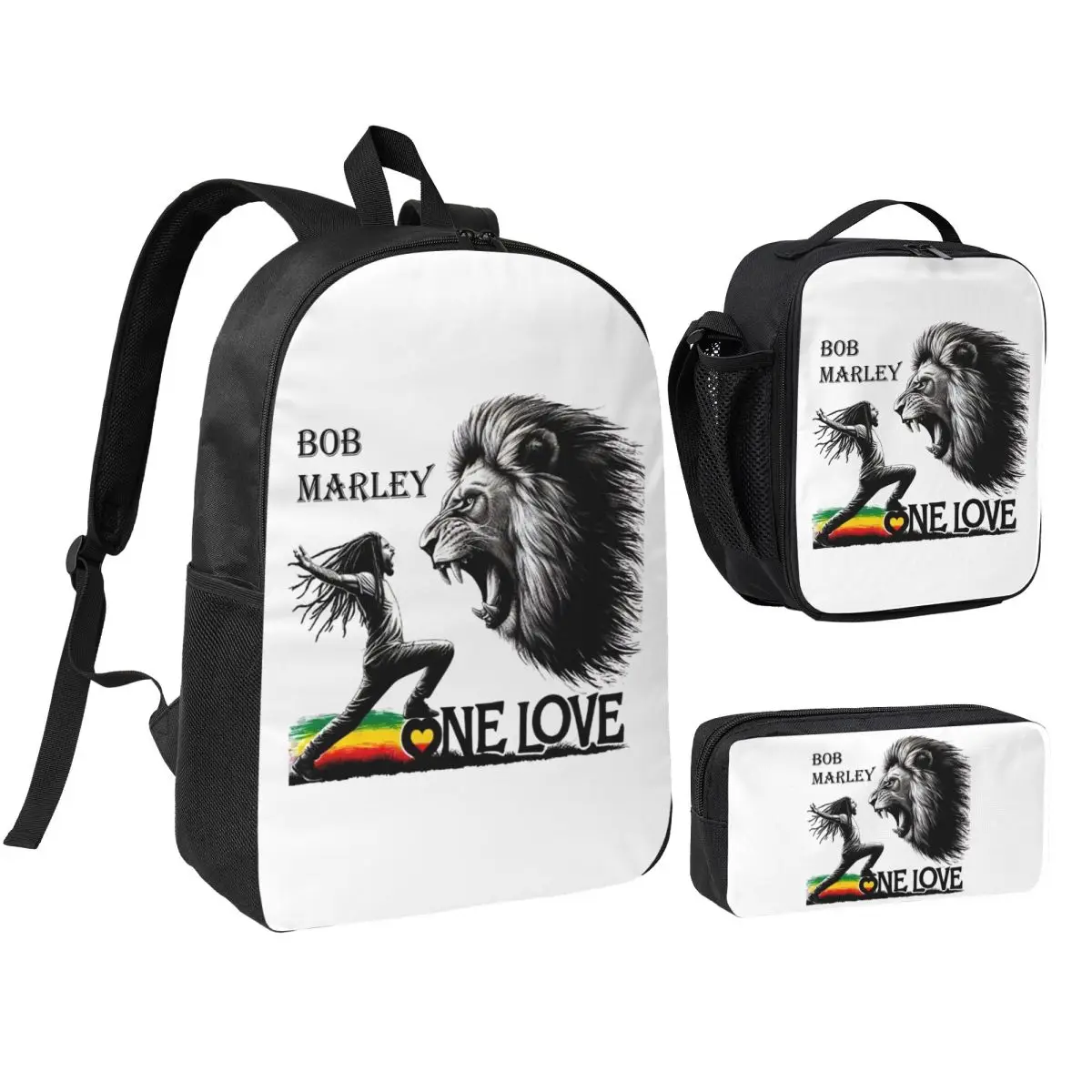 Jamaica Reggae Rock Bob Marley Backpack Boys Girls BookBag School Bag Shoulder Bags 3ps Insulated Lunch Bag Pencil Case