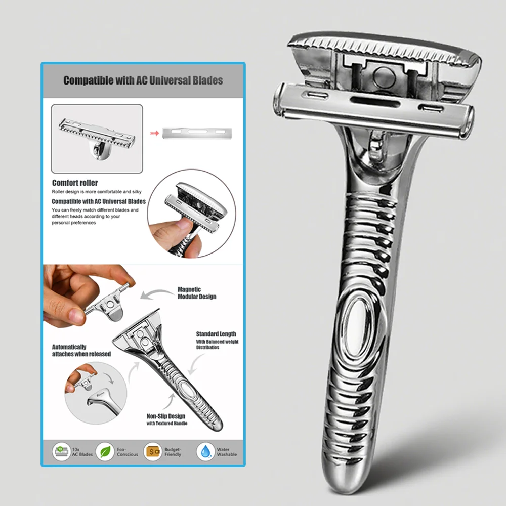 RZACLEA Manual Razor for Men with 10Pcs Blade Set Metallic Luxury Hair Shaving Kit Finish Cutting Beard Trimmer Shaver Razor