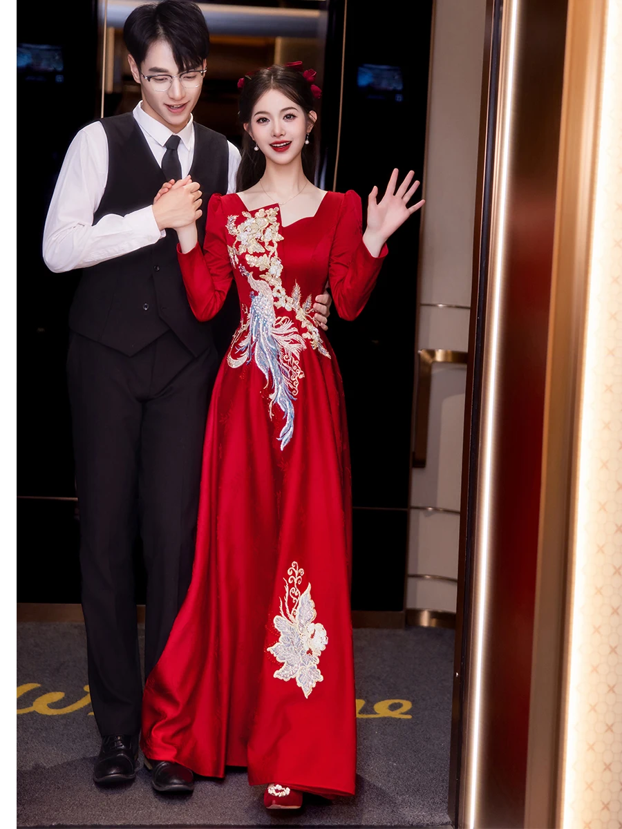 

Ele Red Chinese Wedding Dr New Bridal Gown Slimming Celebration Ceremony Evening Par Faionable Long Sve A-Line ...