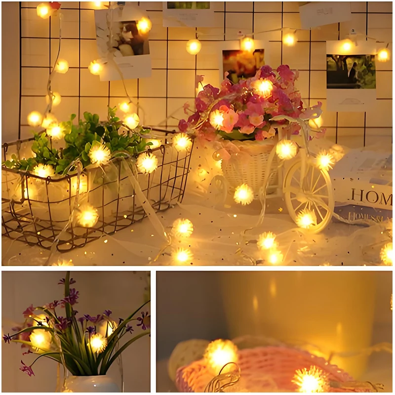 LED Furry Snowball String Lights Warm White dandelion String Lights for Wedding Valentine's Day Party indoor Decoration