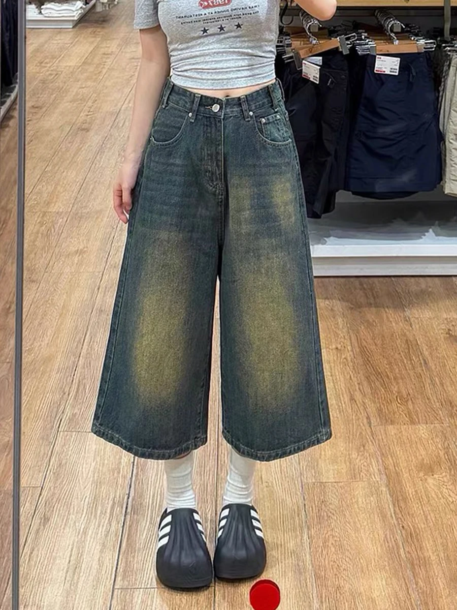 

plus Size Seven Inch Denim Shorts Women Summer Loose American Style High Waist Straight Leg Wide Leg mid Length Pants