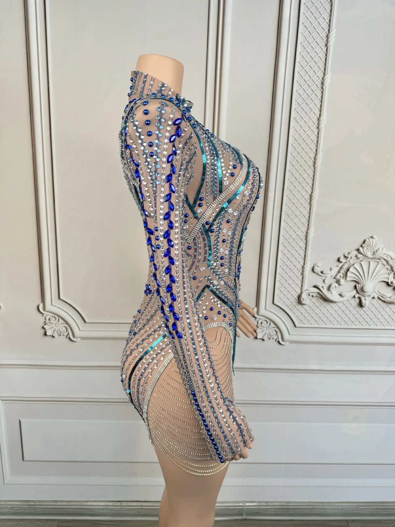 

Jiguang Elegant Women Party Dress Perspective Mesh Diamond Chain Skirt Bar Stage Performance Dress Birthday Cocktail Prom Gowns