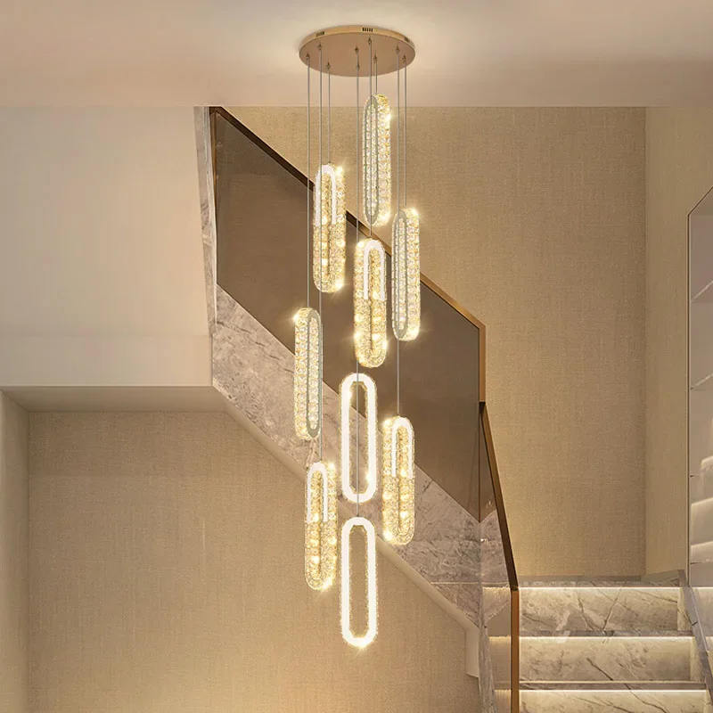 

Modern Rings Crystal LED Chandelier For Staircase Living Room Luxury Cristal Long Lighting Fixtures Gold Indoor Hanging Lamps