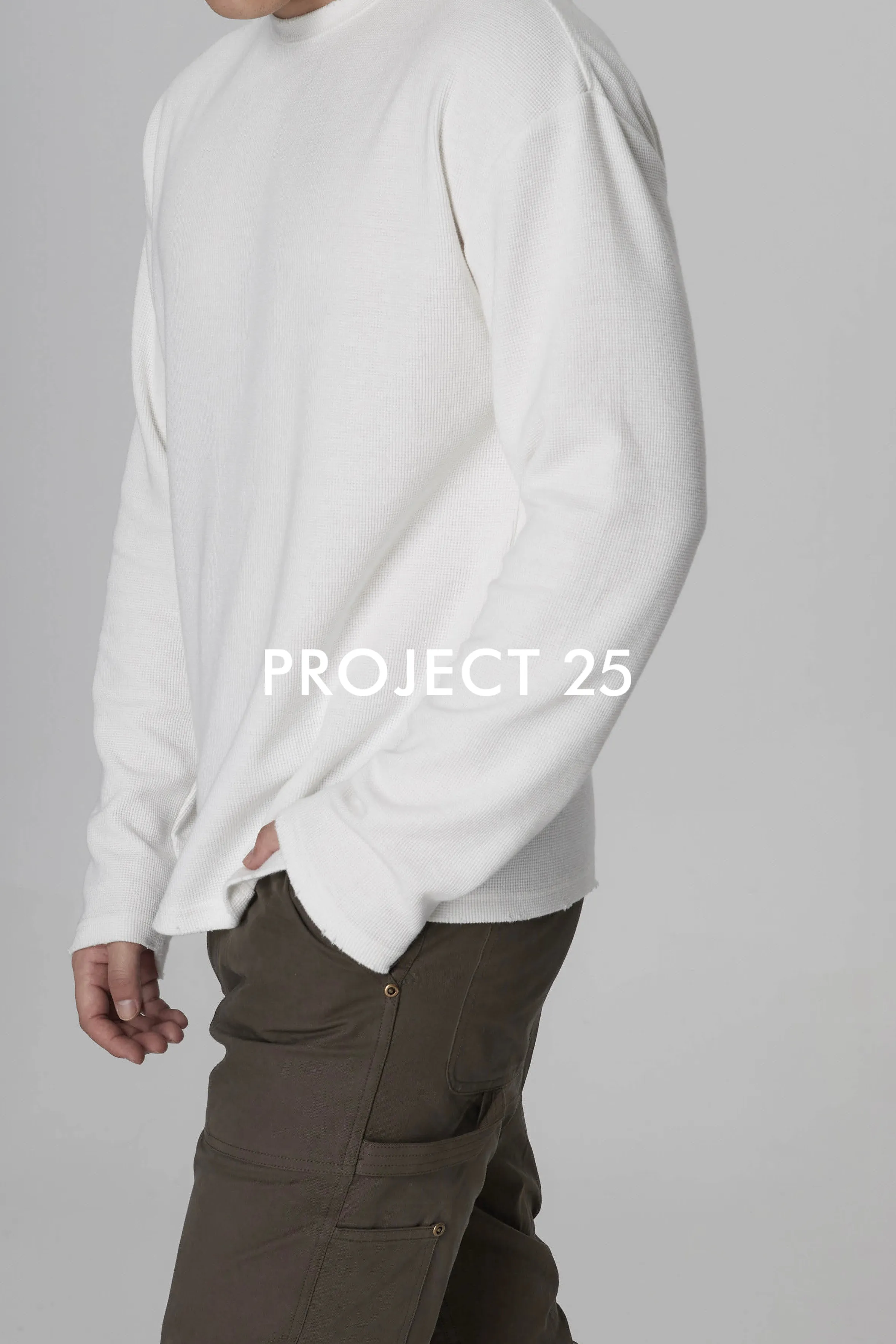 PROJECT 25 Men's Distressed Waffle Knit Long-Sleeve Crew Neck Drop Shoulder Relaxed Fit
