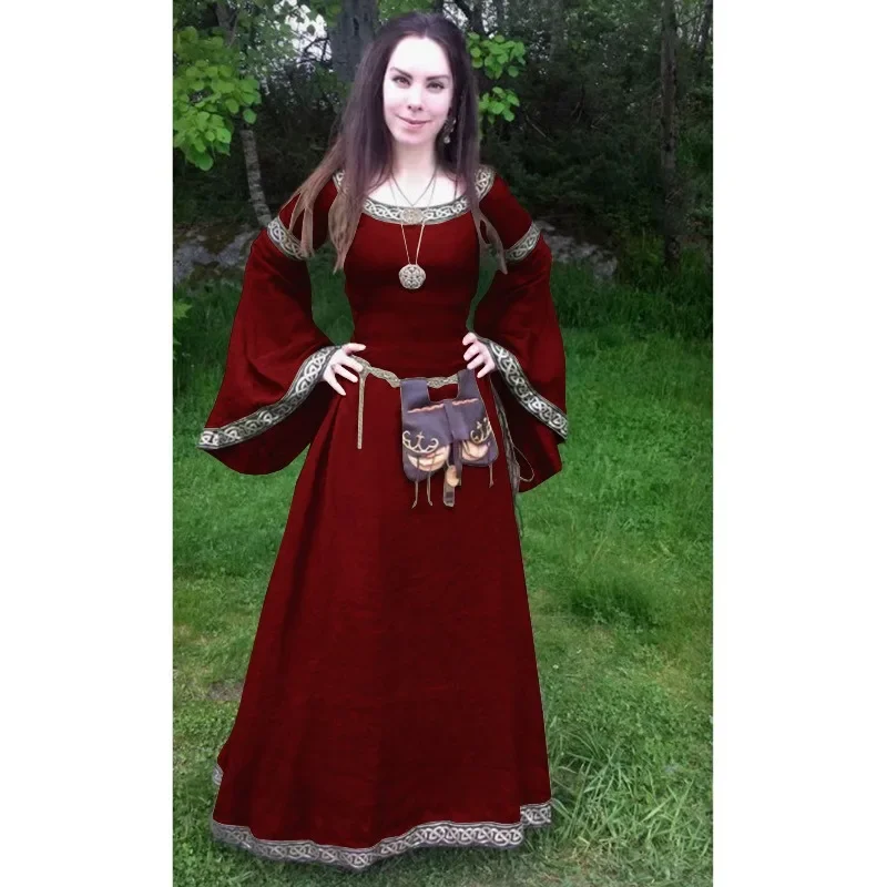 Damenmode Vintage Keltisches Langarm Mittelalterkleid Bodenlang Renaissance Gothic Cosplay Halloween Kostüm Kleid