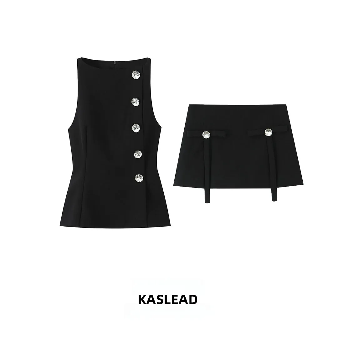 KASLEAD nouveau femmes Faion bijoux bouton décoré haut ort jupe pantalon ensemble ort Svel automne saison européenne Sle