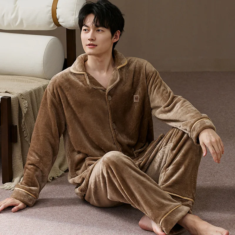 Winter Warm Pajamas Men Thick Coral Fleece Pajama Set Lapel Button Sleepwear Flannel Mens Pyjama Sets Turn-down Collar Pijama