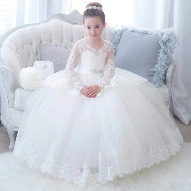 

Flower Girl Dresses White Puffy Lace Appliques With Bow Long Sleeve For Wedding Birthday Party First Communion Gowns