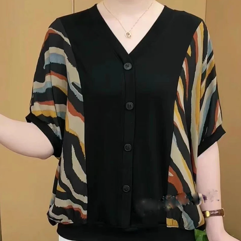 Vintage Printed V-Neck Spliced Leopard Batwing Sleeve Blouses Women's Clothing 2024 Summer New Loose Casual Tops Commuter Shirts