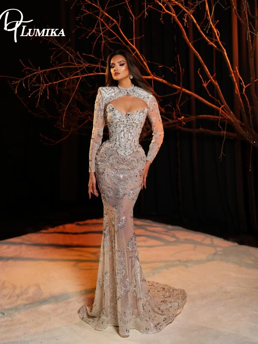 

Роскошное свадебное платье с кристаллами и длинными рукавами, с высоким воротником, для невесты, длиной в пол, на заказ, Vestido De Novia