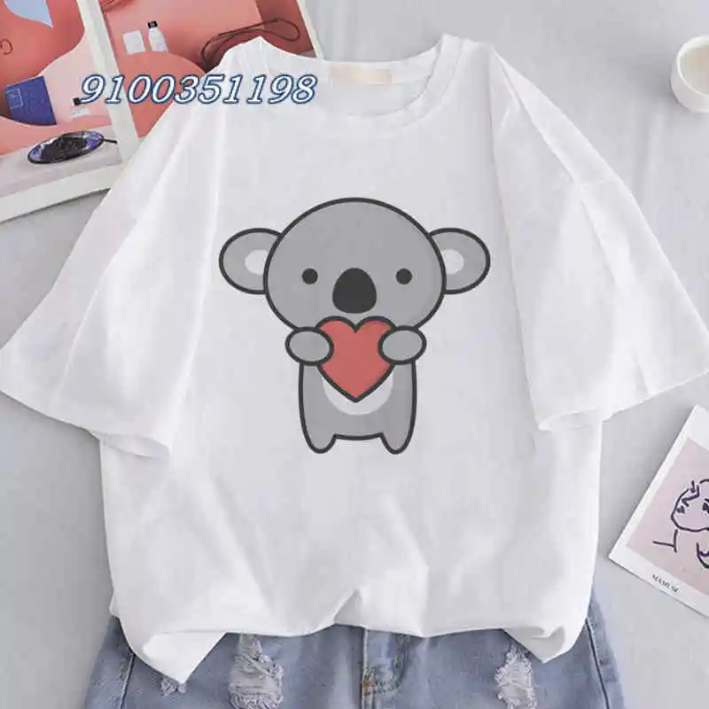 Schattige Koala Dieren Afdrukken T-Shirt Tops Leisure Girl Tshirt Cartoon Meisjes Witte Korte Mouwen Normaal Shirt Femme Dropshipping